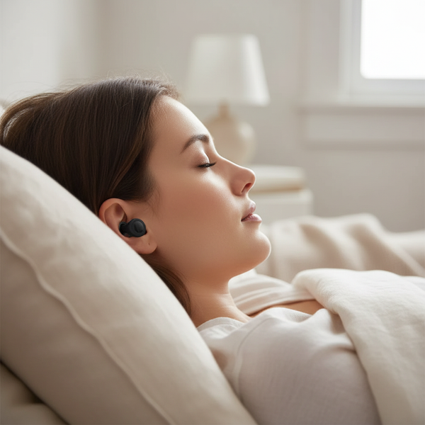 Lifestyle image showing back of COMFORT-FIT SILICONE EARPLUGS in ears